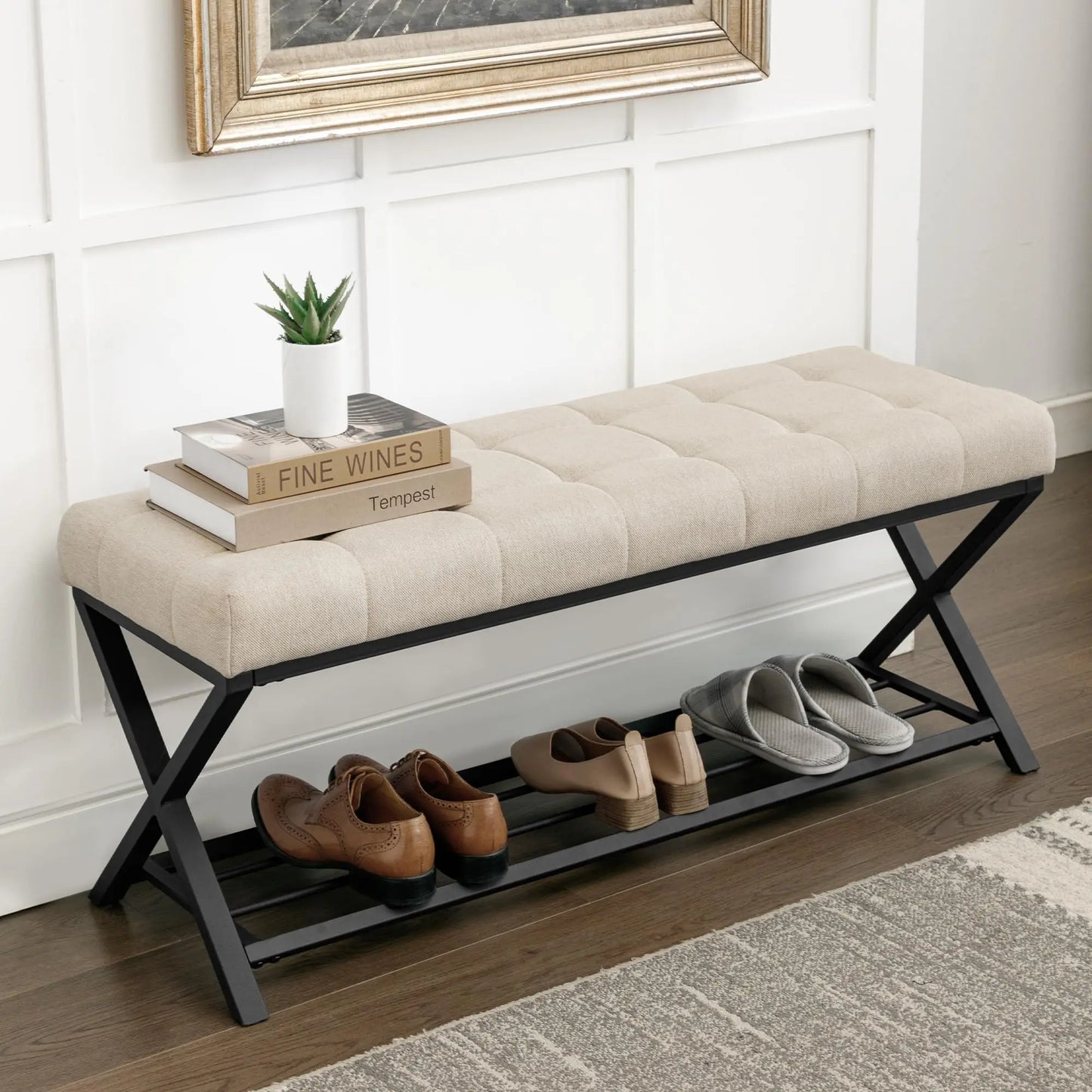 Tufted Upholstered Shoe Bench With Storage Shelf And Metal Legs