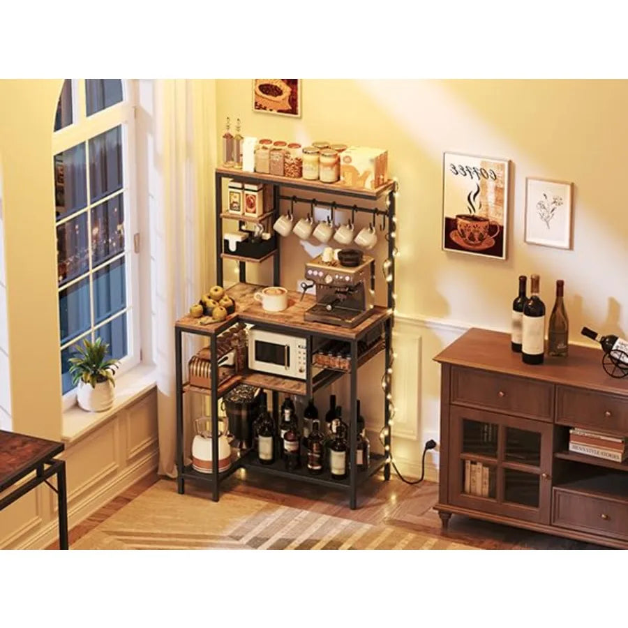 Coffee Bar Bakers Rack With Microwave Stand Power Outlet Wire Basket Hooks
