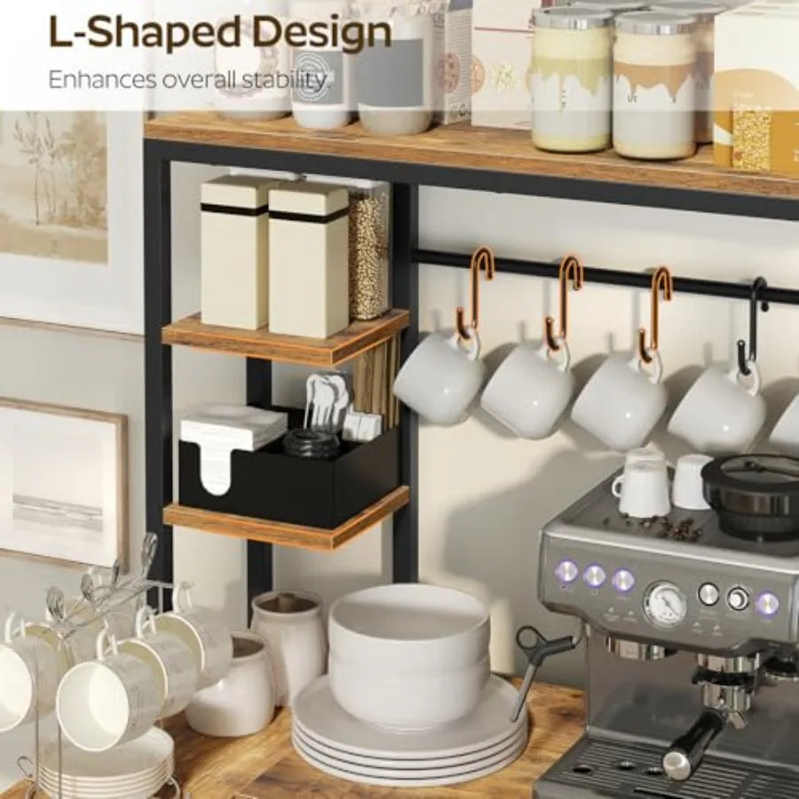Coffee Bar Bakers Rack With Microwave Stand Power Outlet Wire Basket Hooks