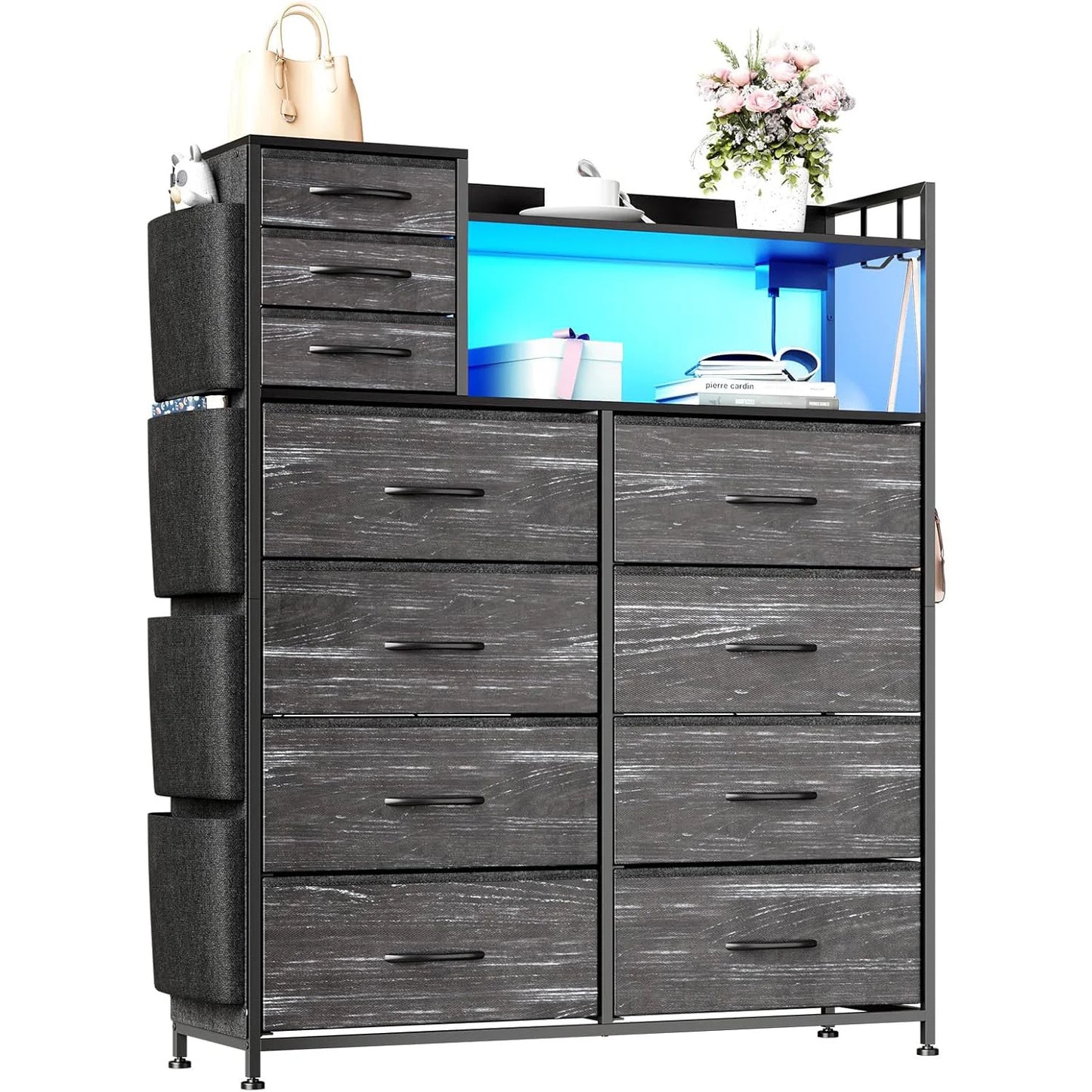 Storage Dresser With Fabric Drawers And LED Charging Station