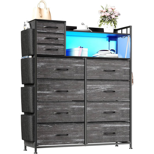 Storage Dresser With Fabric Drawers And LED Charging Station