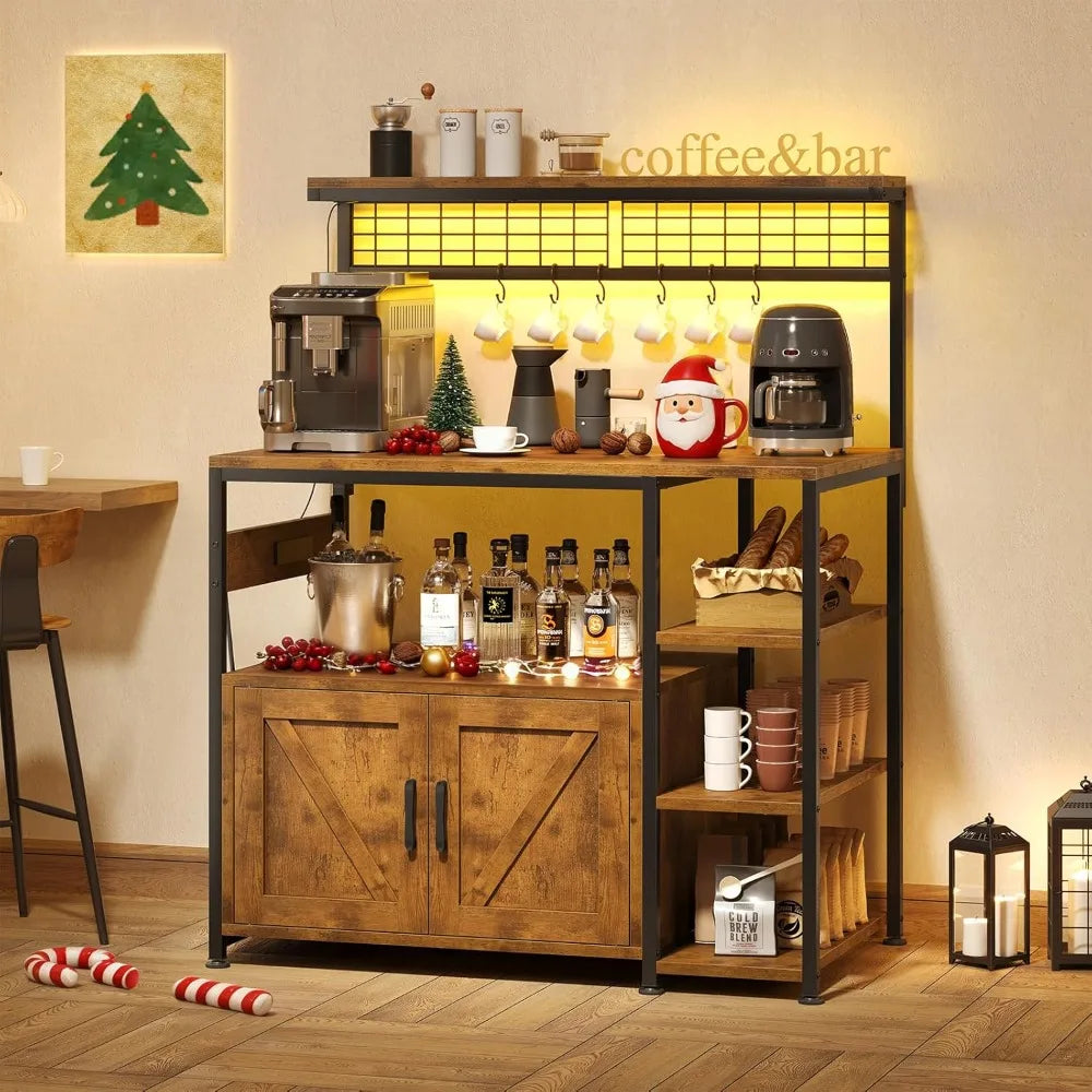 Bakers Rack With Power Outlet LED Light And Storage Cabinet