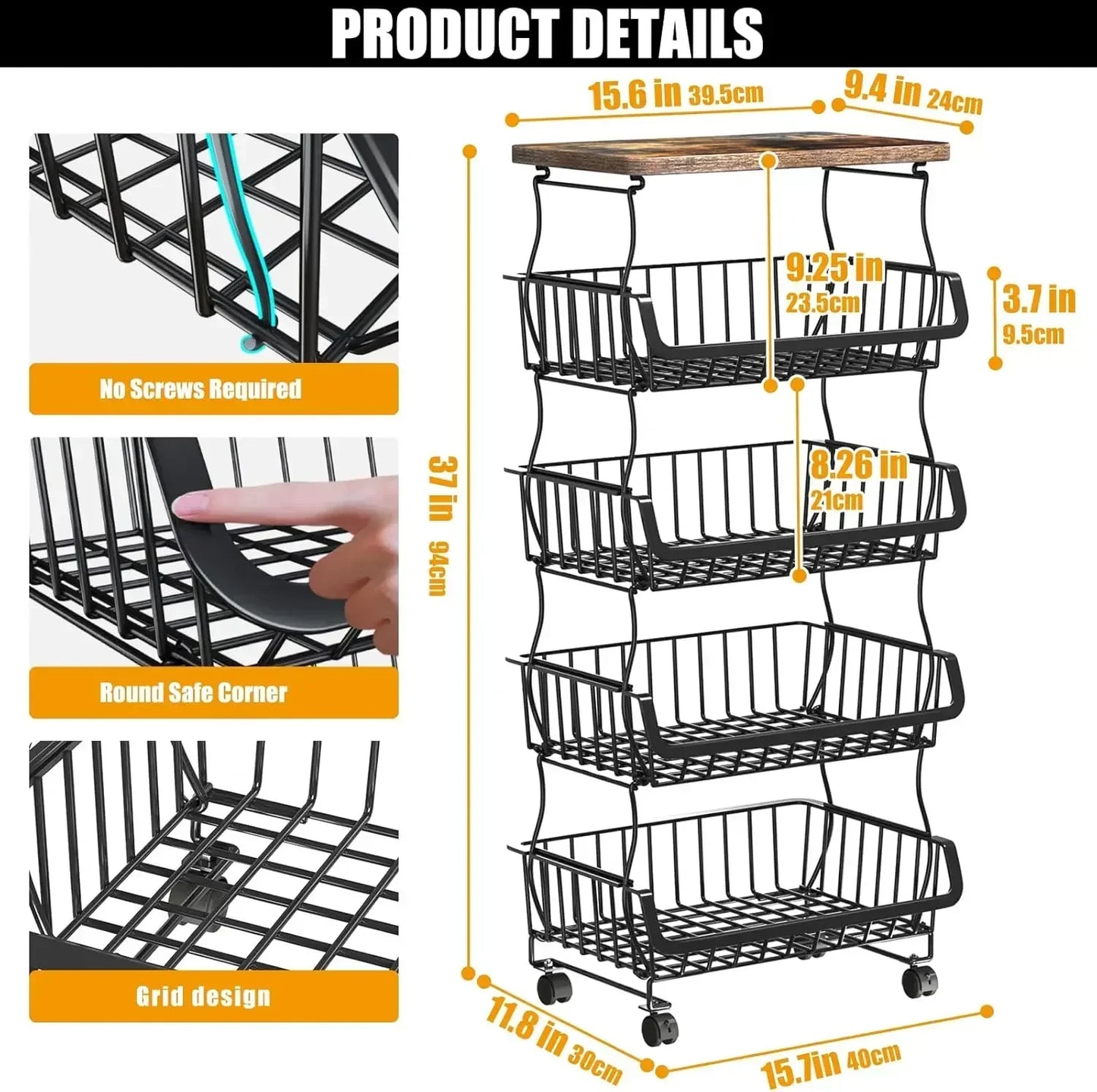 Five-Tier Stackable Fruit and Vegetable Storage Baskets With Wheels