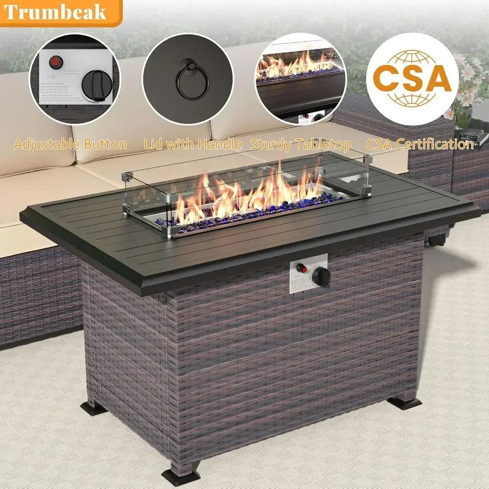 Outdoor 10 Piece Rattan Sofa Set With Propane Fire Pit