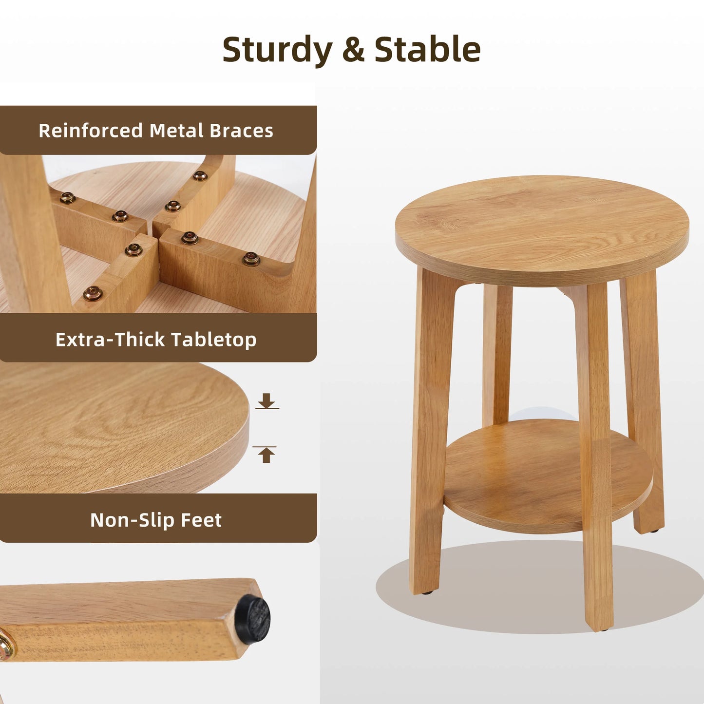 JHK Wood Round Side Tables Two Tier With Storage Shelf