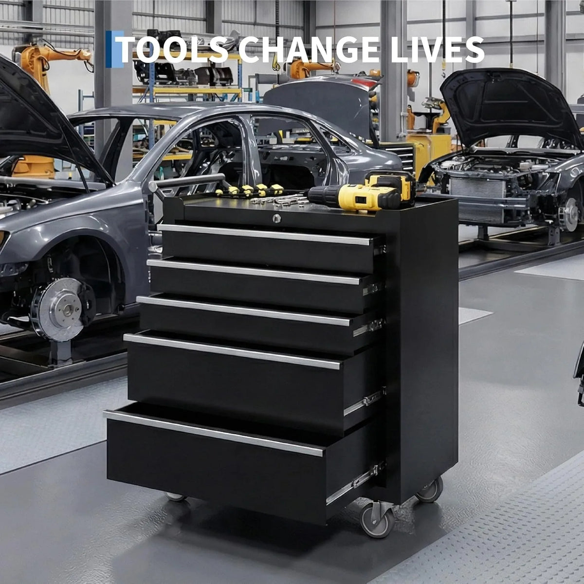 Five Drawer Rolling Tool Chest With Lock And Mobile Storage