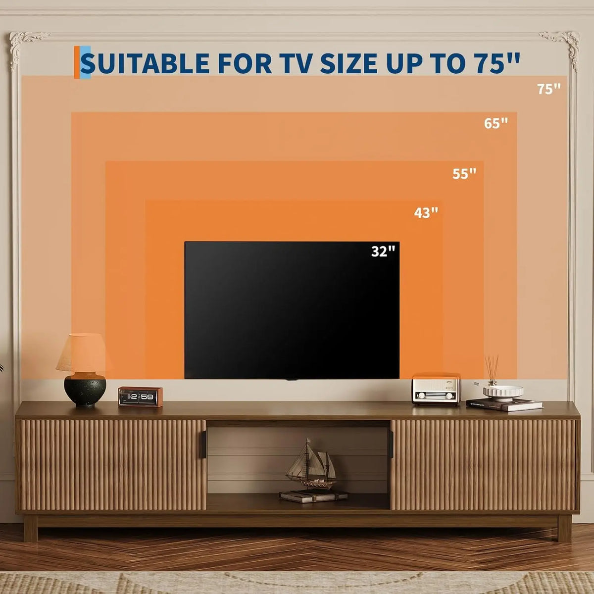 HiMISS Fluted TV Stand with Hinged Doors and Open Shelves
