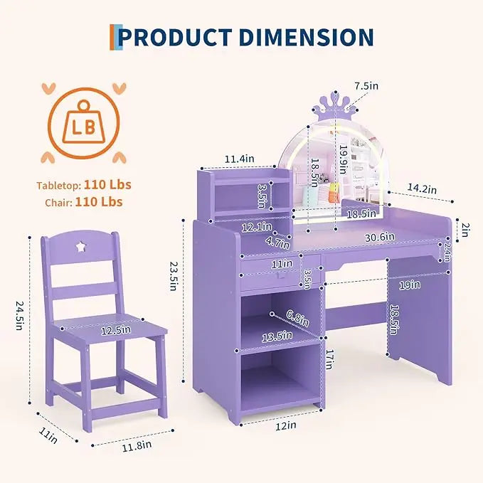 HiMISS Kids Vanity With Lights 2 In 1 MakeupSet Desk