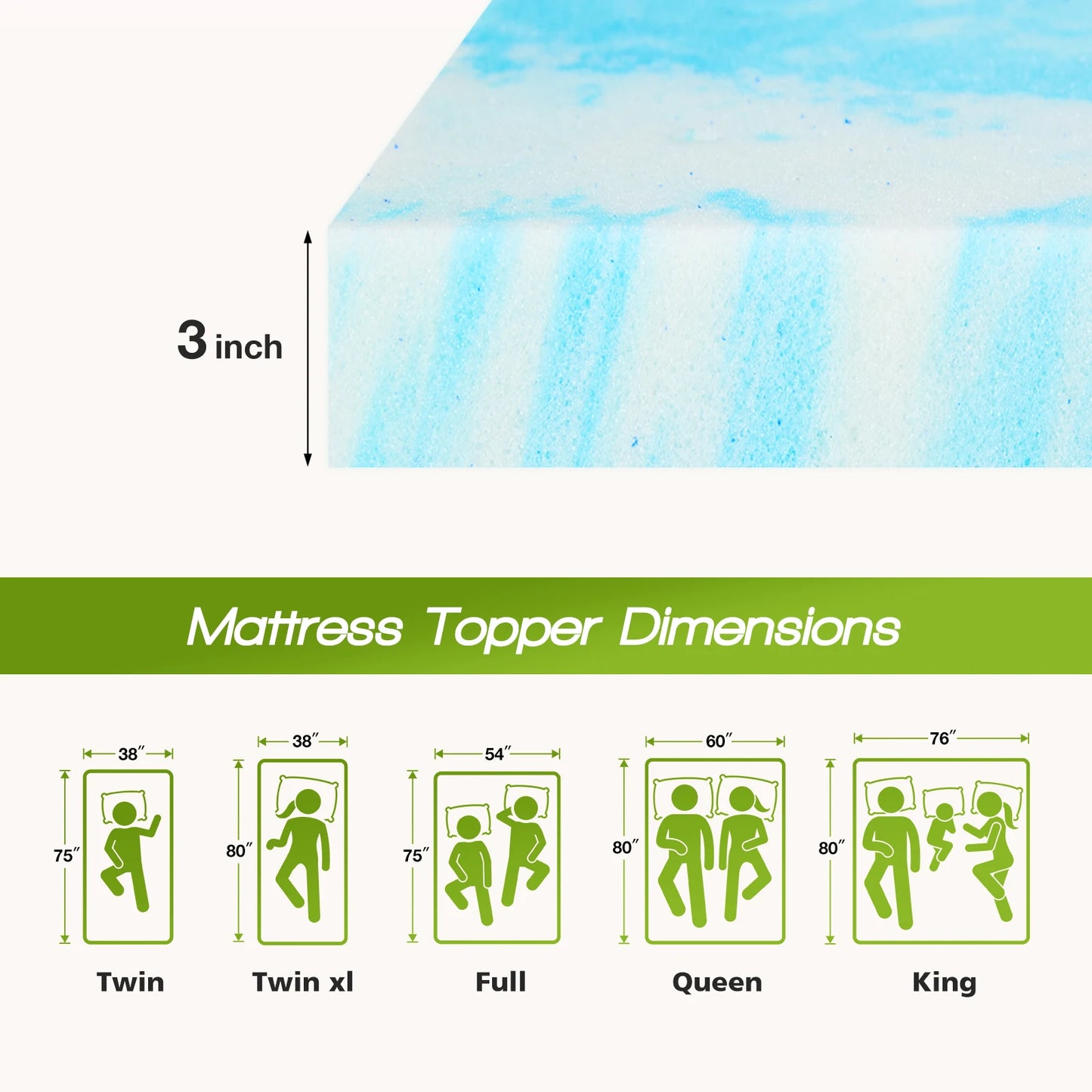 JHK Gel Memory Foam Mattress Topper With Cooling CertiPUR US