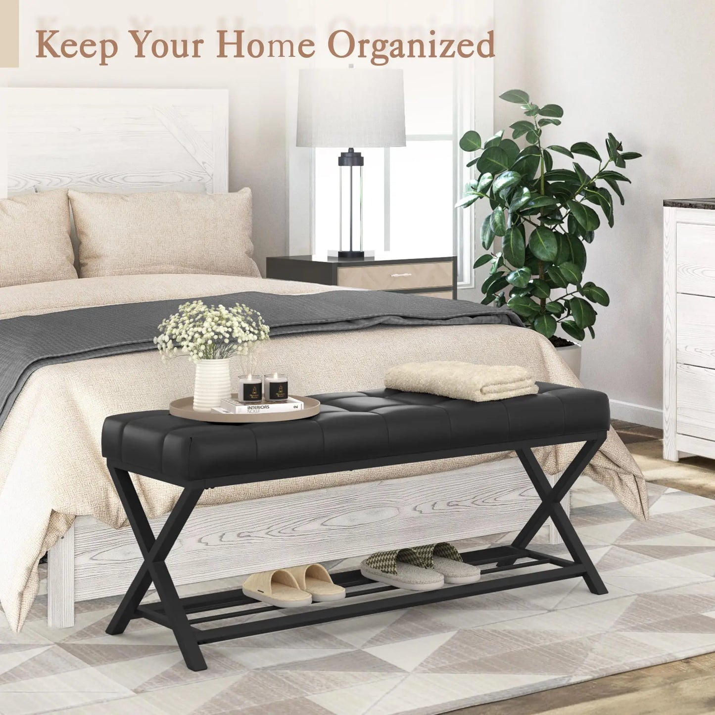 Tufted Upholstered Shoe Bench With Storage Shelf And Metal Legs