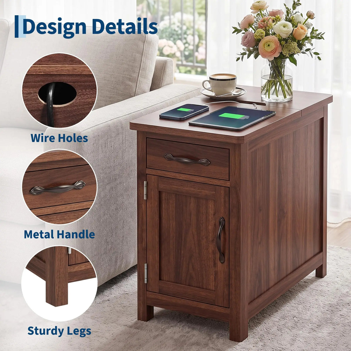HiMISS Farmhouse End Table With Charging Station And Storage