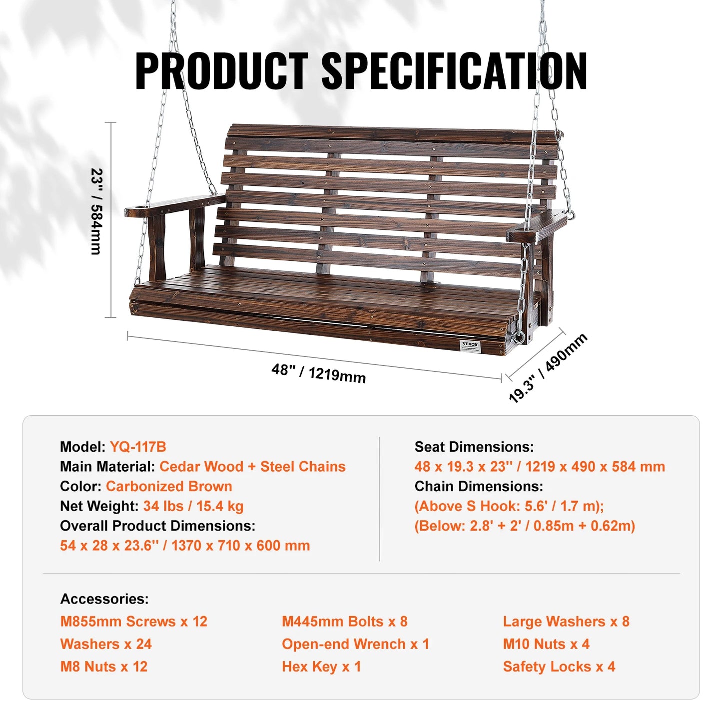 SucceBuy Wooden Porch Swing For Patio And Garden Outdoor Seating