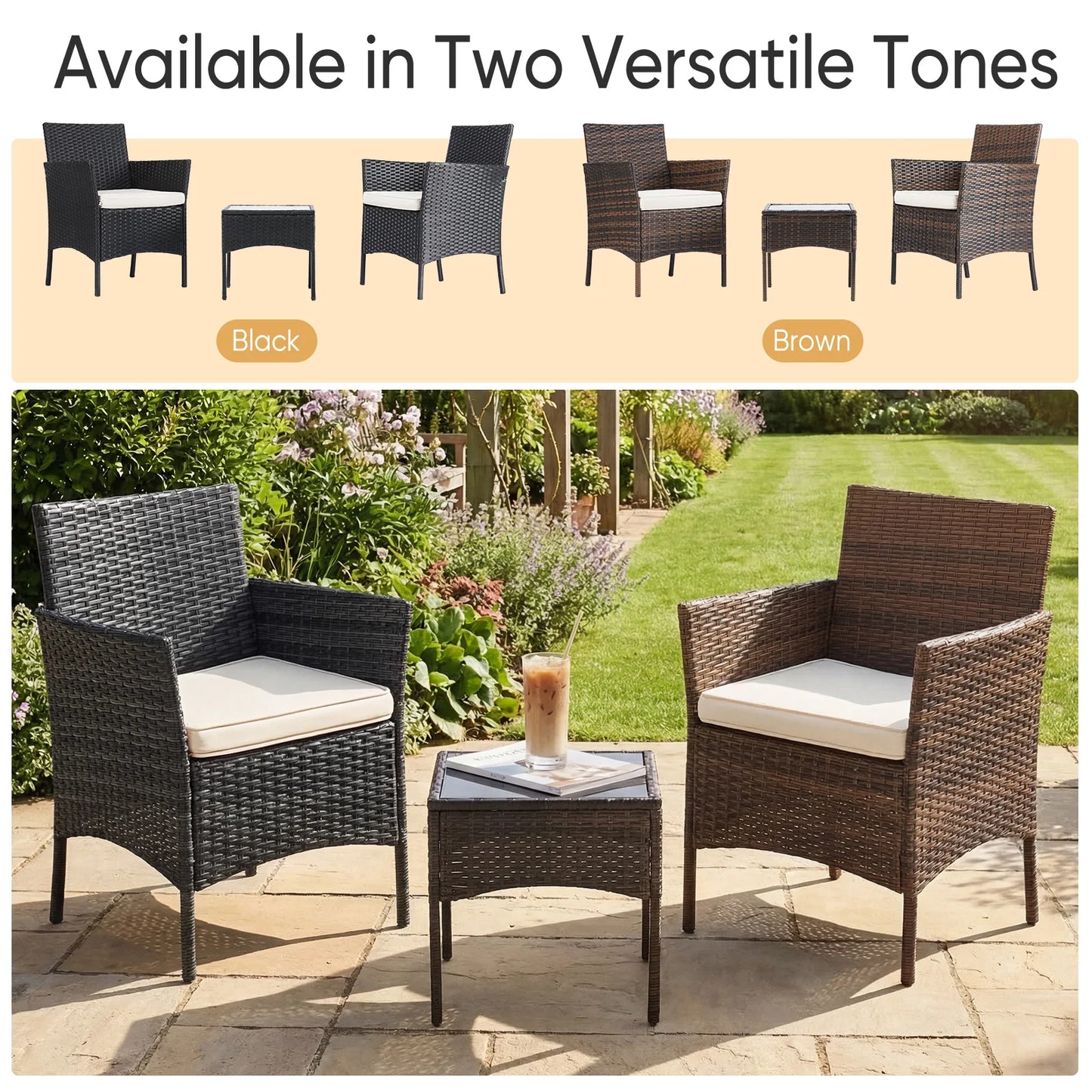 Three Piece Outdoor Wicker Patio Set With Cushions