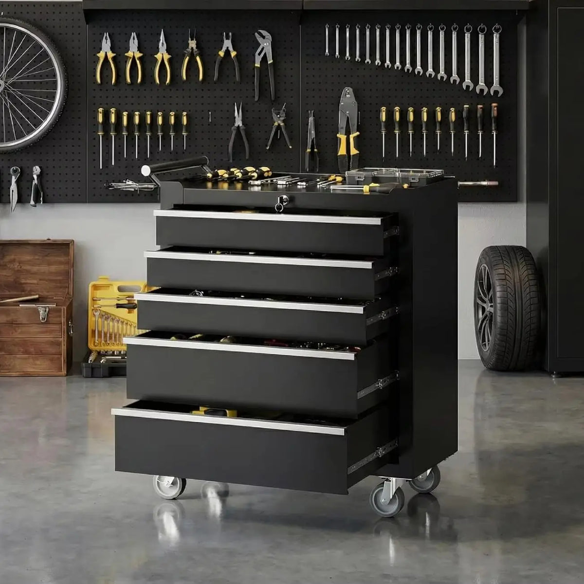 Five Drawer Rolling Tool Chest With Lock And Mobile Storage