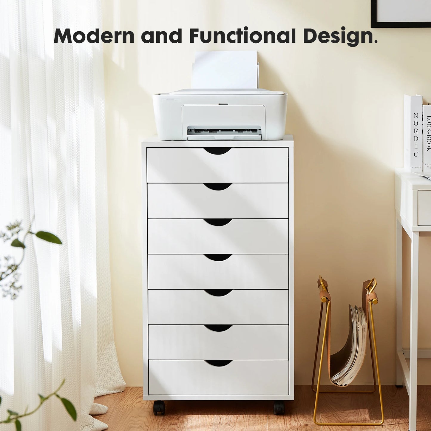 JHK 7 Drawer Chest Nightstand With Rolling Wood Storage Cabinet