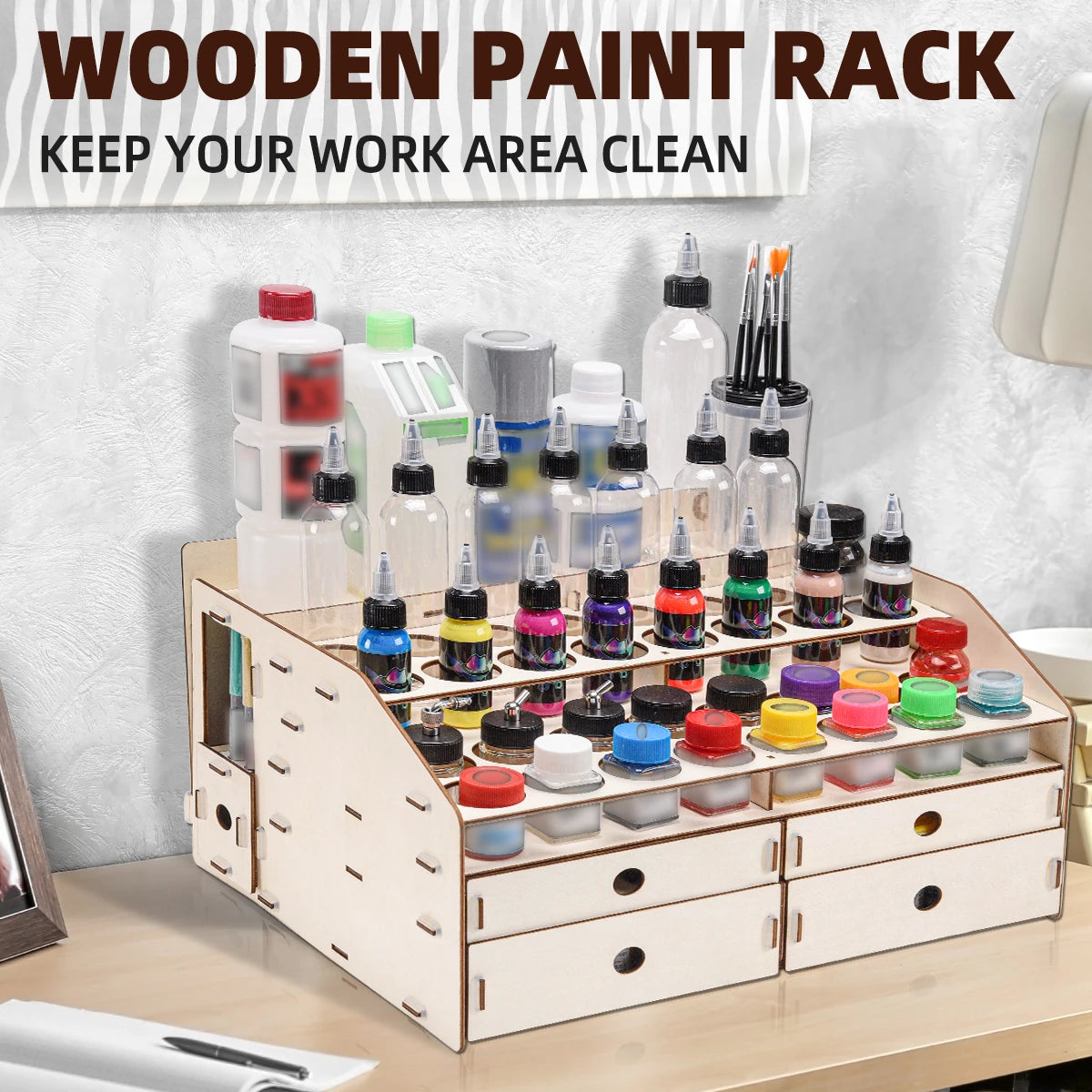 Wood Paint Rack With Marker Pen Storage Pull Out Organizer