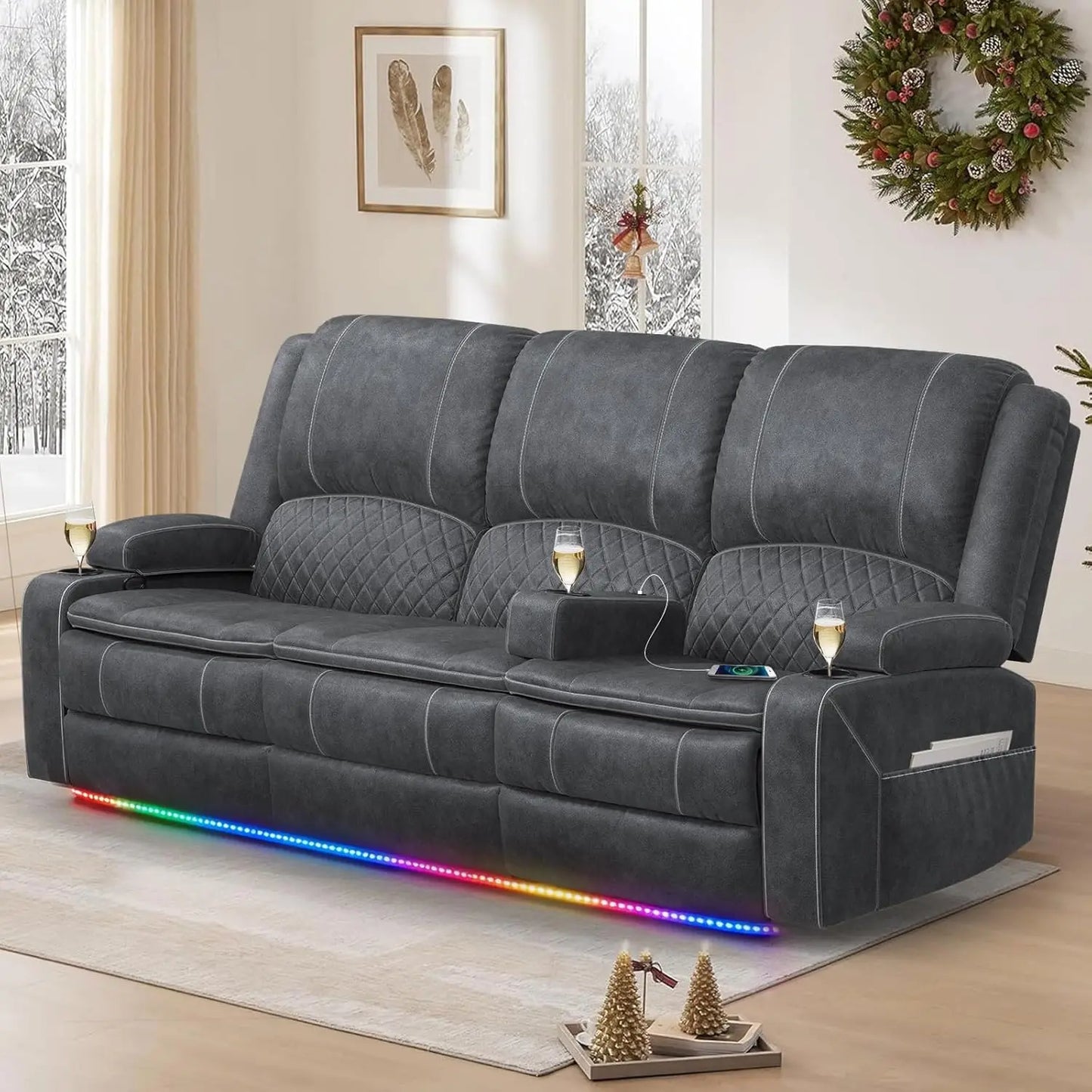 3 Seat Recliner Sofa With Console USB Ports And Cupholders