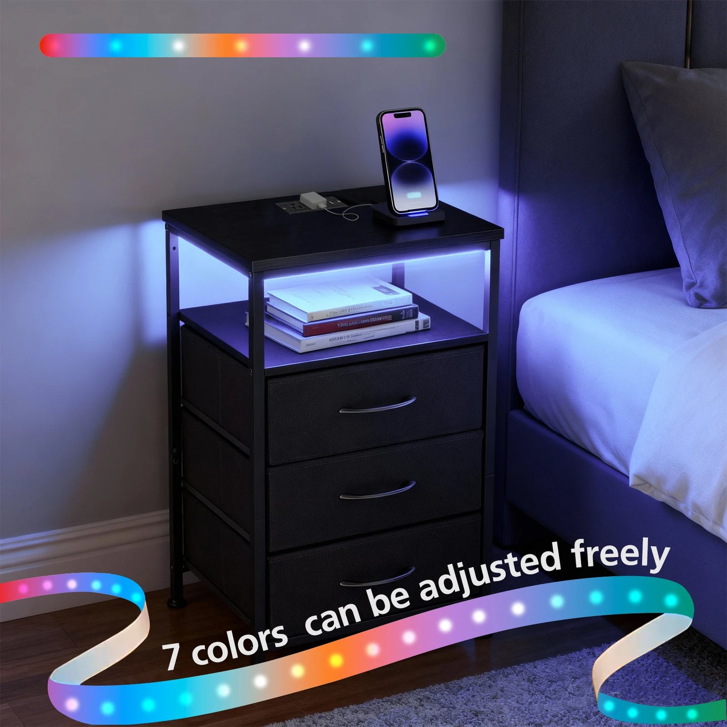 JHK Three-Drawer Fabric Cabinet Bedside Table With USB Type-C Ports