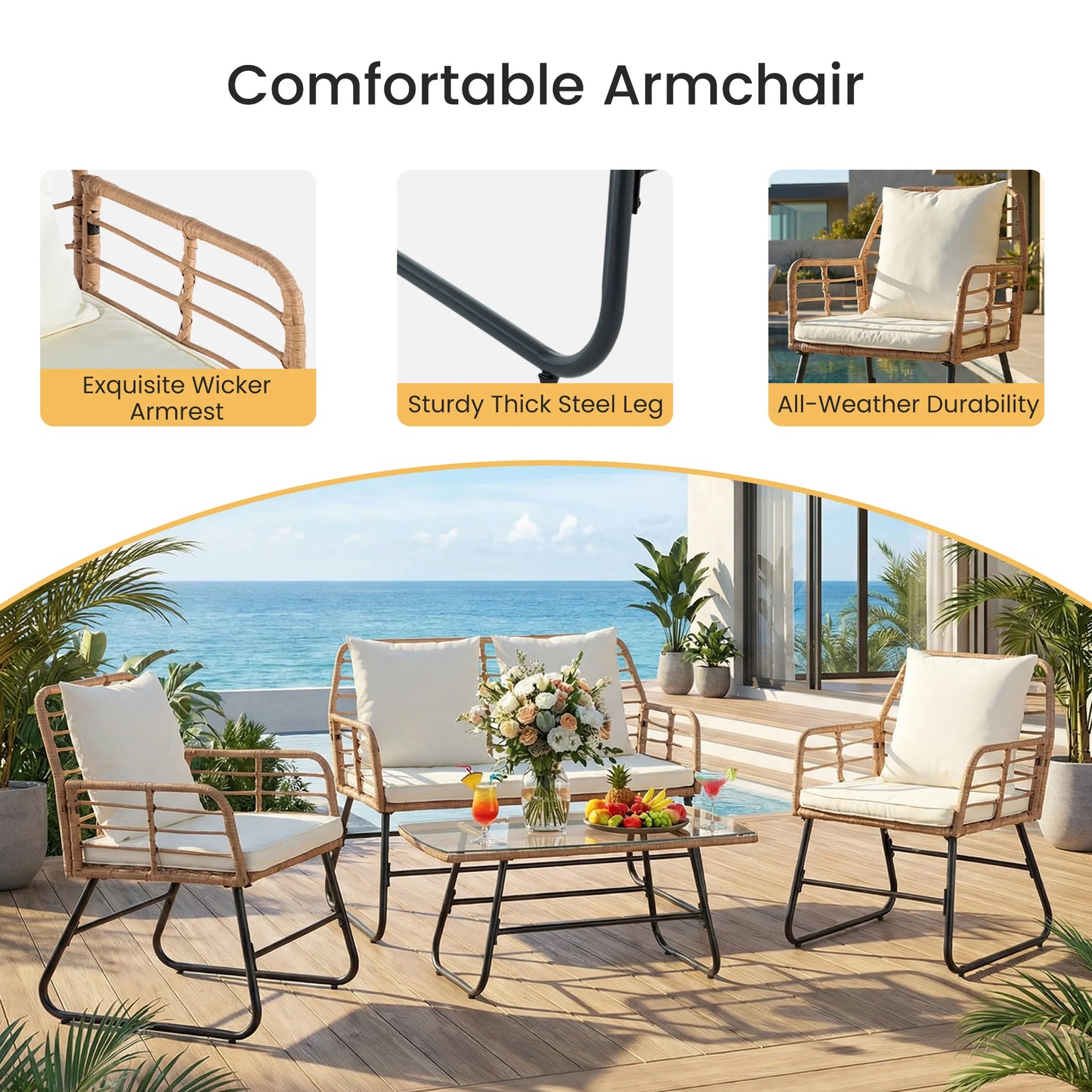 Outdoor Wicker Patio Furniture Set Four Pieces With Glass Table