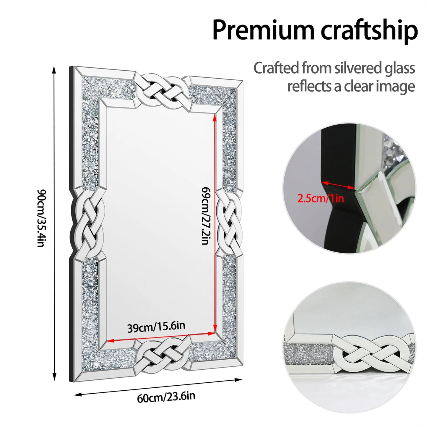 Crystal Diamond Wall Mirror Silver Hanging Wall Mounted