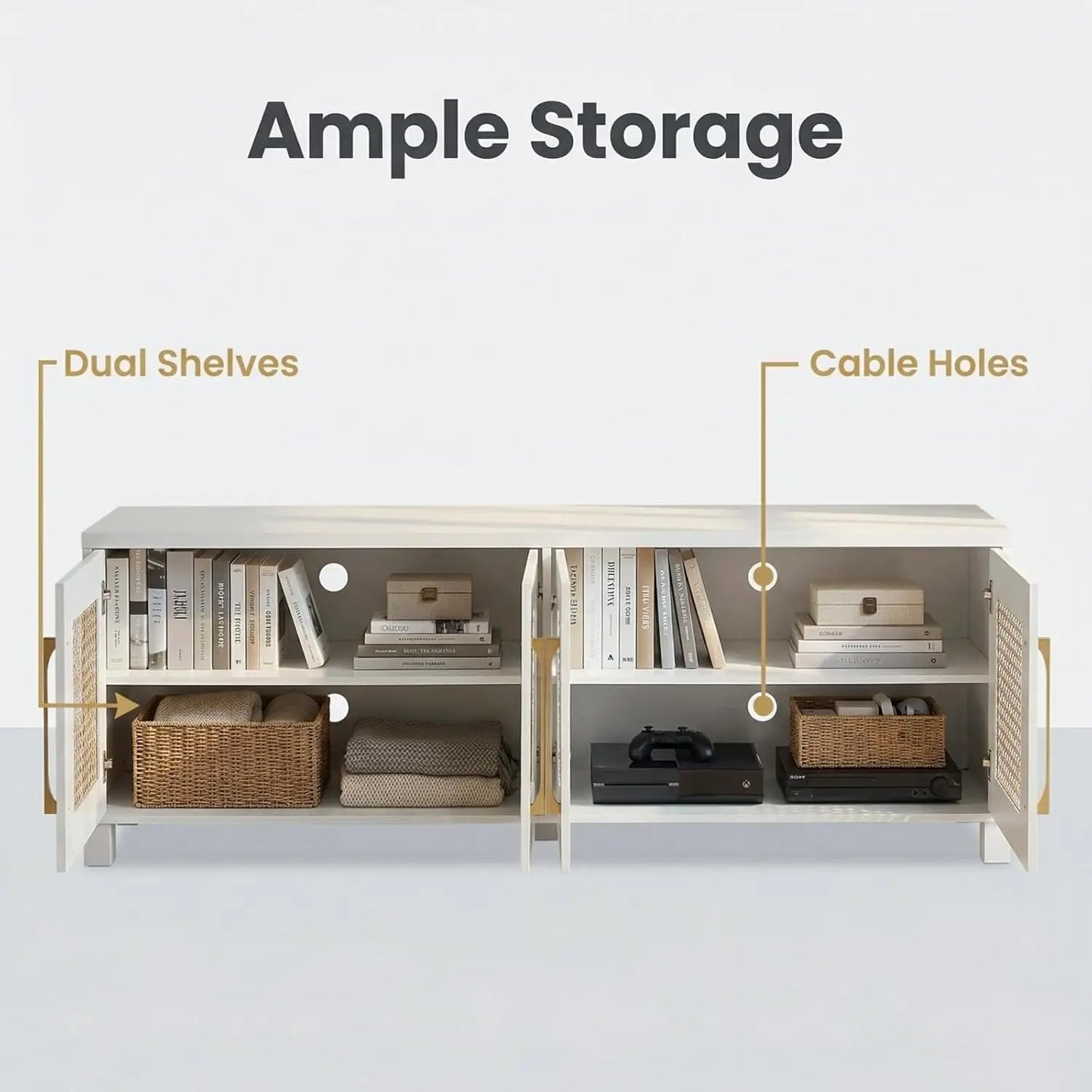 Boho TV Stand Media Console With Gold Mesh Doors Modern