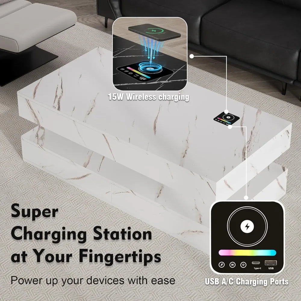 Smart LED Coffee Table With Wireless Charging Bluetooth Speaker Drawers