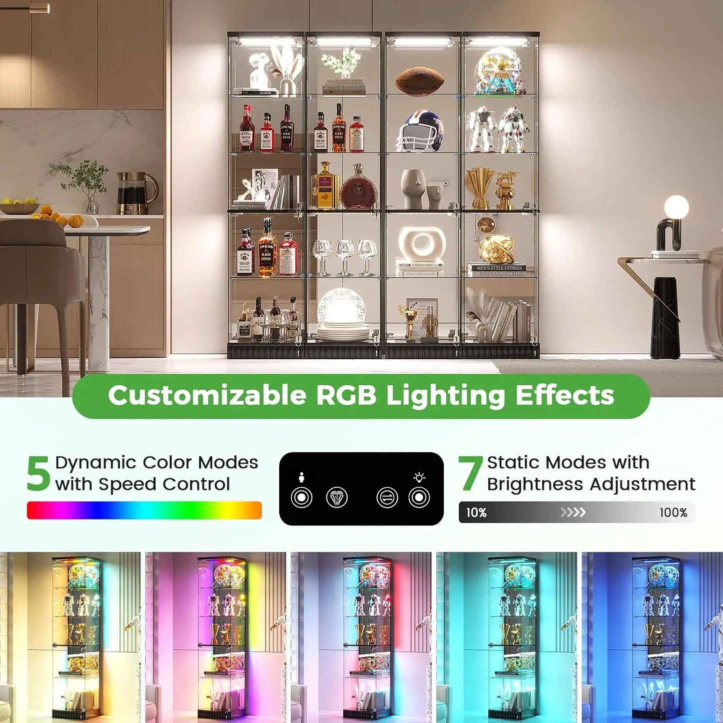Glass Display Cabinet With RGB Lighting And Lockable Tempered Doors