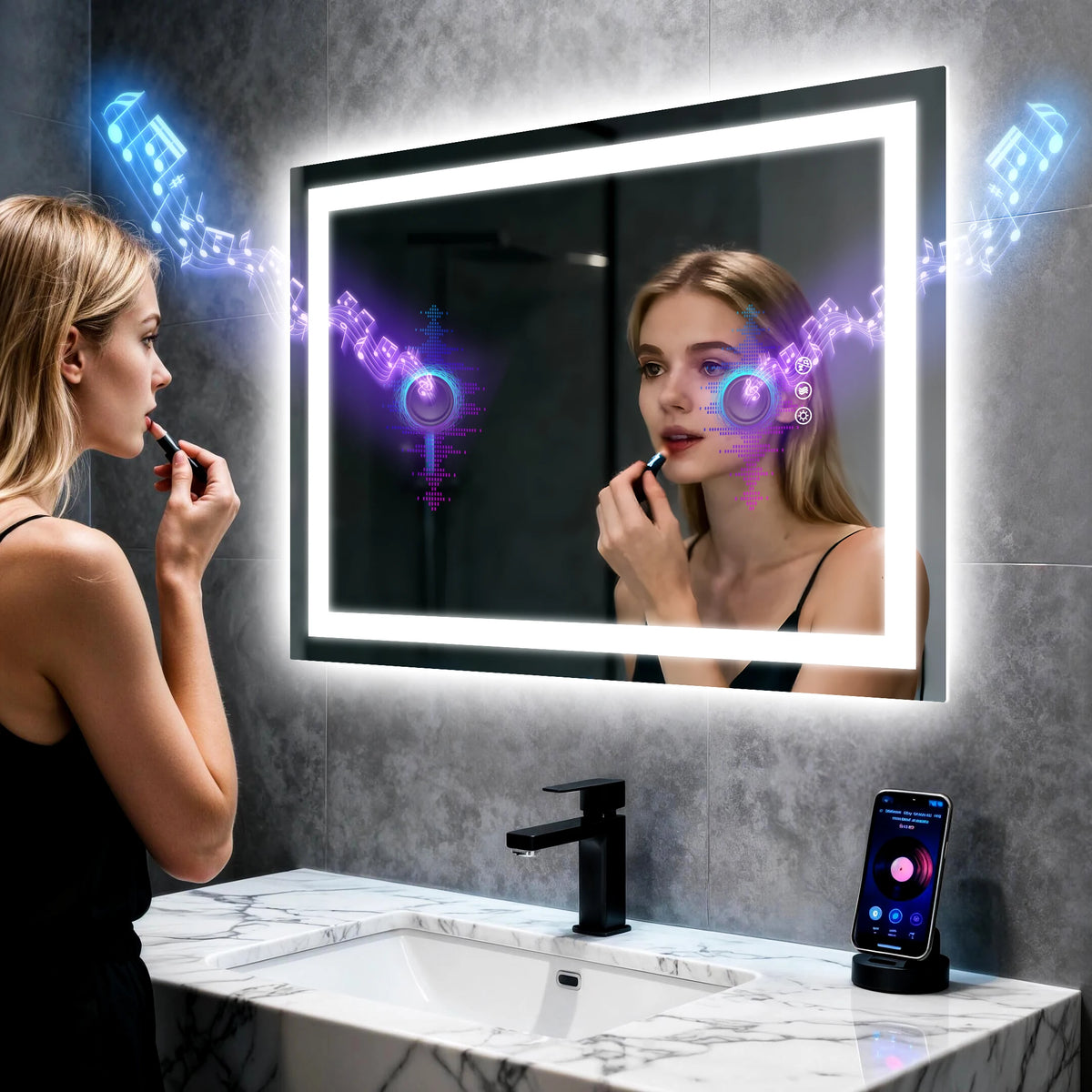 BORWART LED Bathroom Vanity Mirror With Speakers And Fogless Lighting