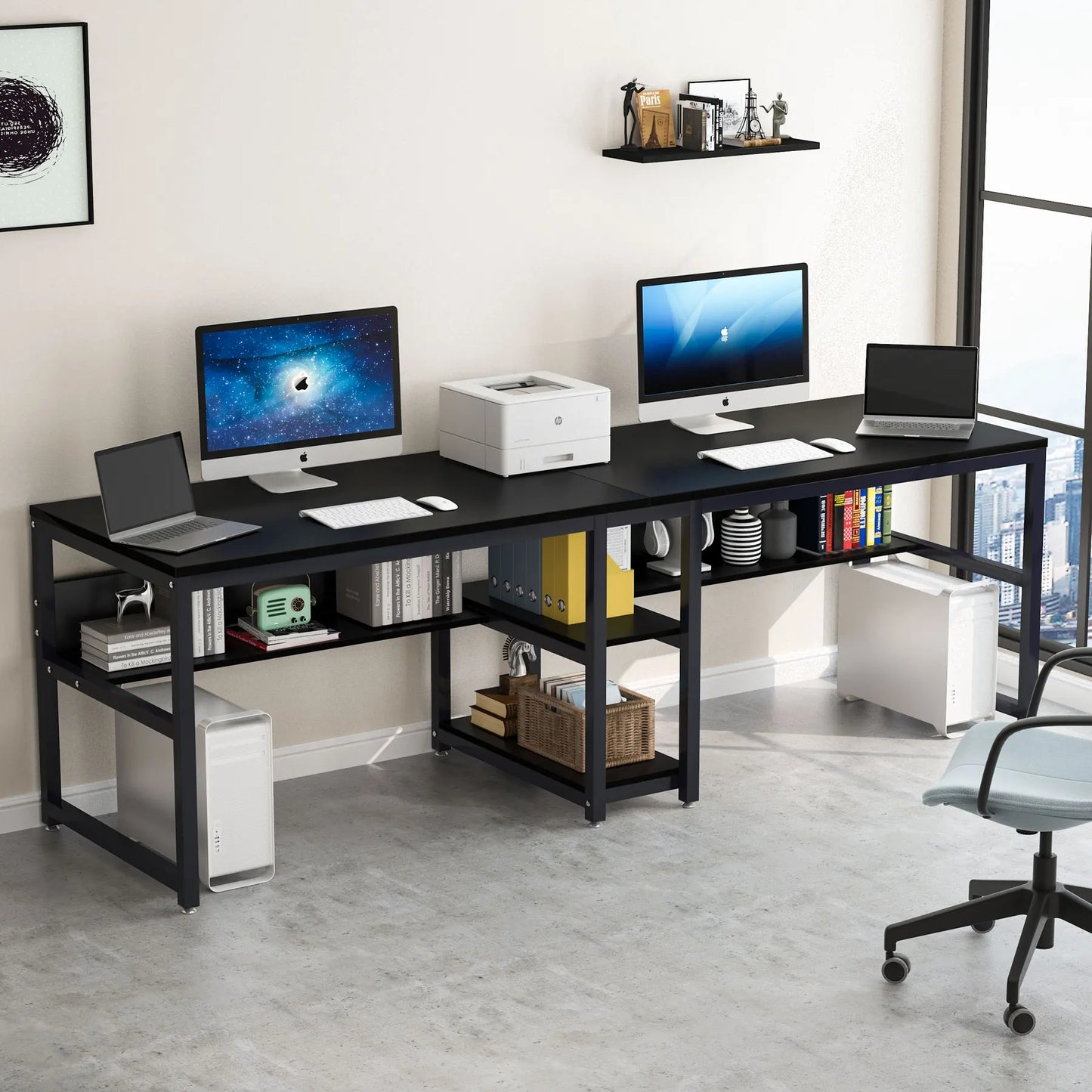 Tribesigns Two Person Desk With Bookshelf Rustic Computer Desk Workstation