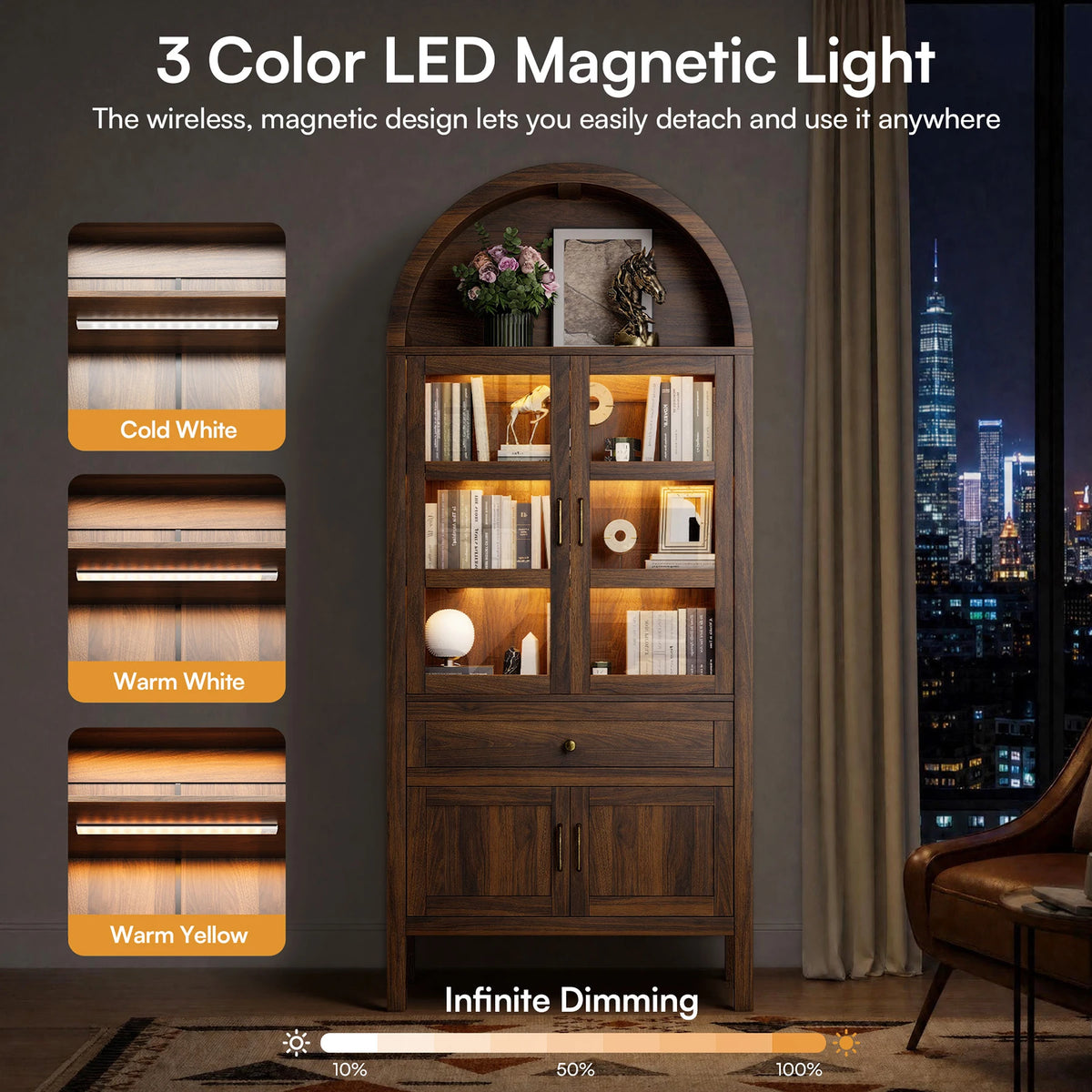 Cottinch Arched Wood Storage Cabinet Adjustable Shelves Dimmable LED Lights