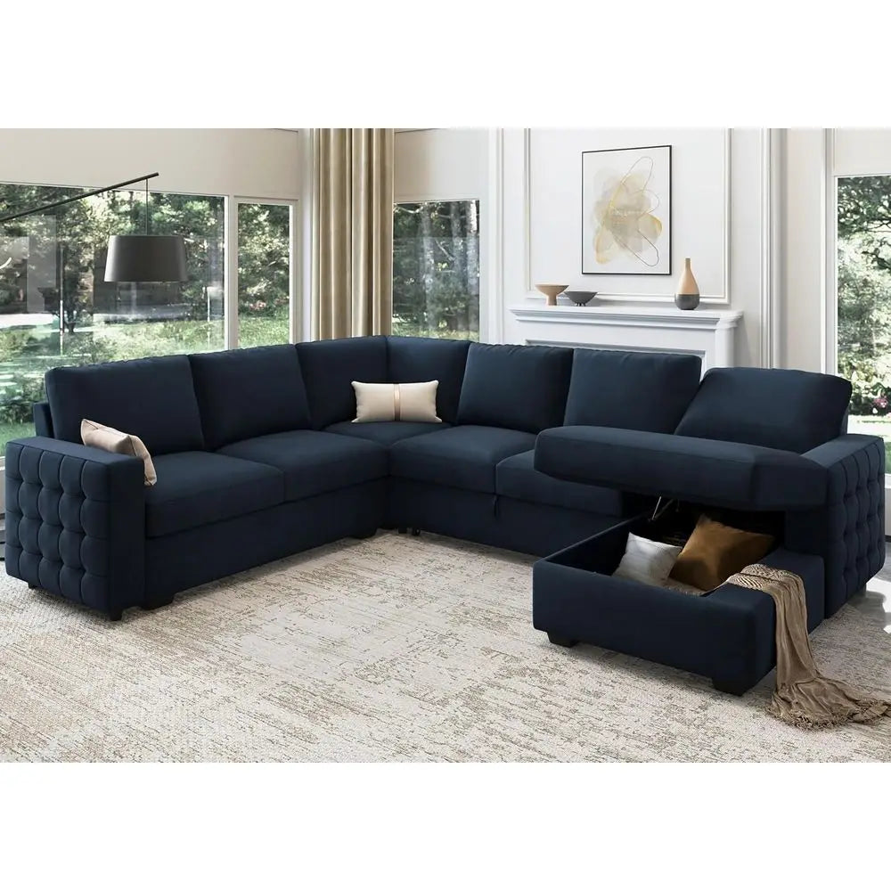 U Shaped Sectional Sleeper Sofa With Pull Out Bed Storage