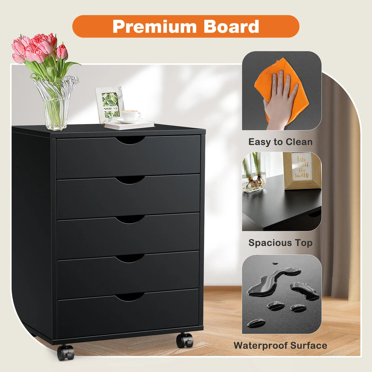 JHK Five Drawer Wood Nightstand Cabinet With Rolling Storage