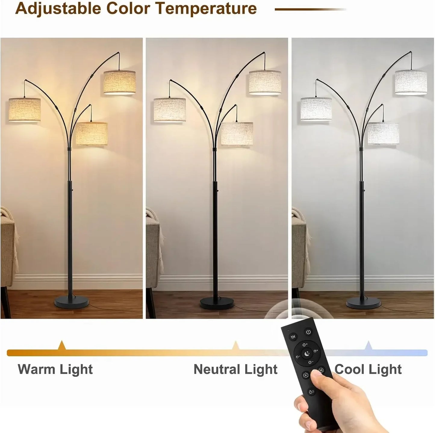 Arc Floor Lamp With Remote, 3 Color Temperatures, Dimmable