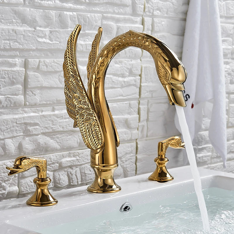 Saeuwtowy Golden Swan Bathroom Faucet With Dual Crystal Handles