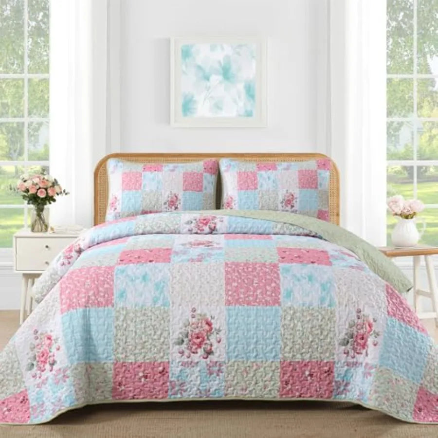 Boho Quilt Set Patchwork Reversible Microfiber Bedding