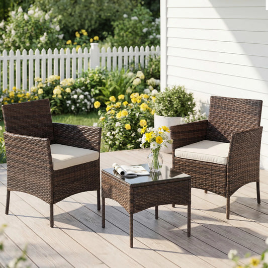 Three Piece Outdoor Wicker Patio Set With Cushions