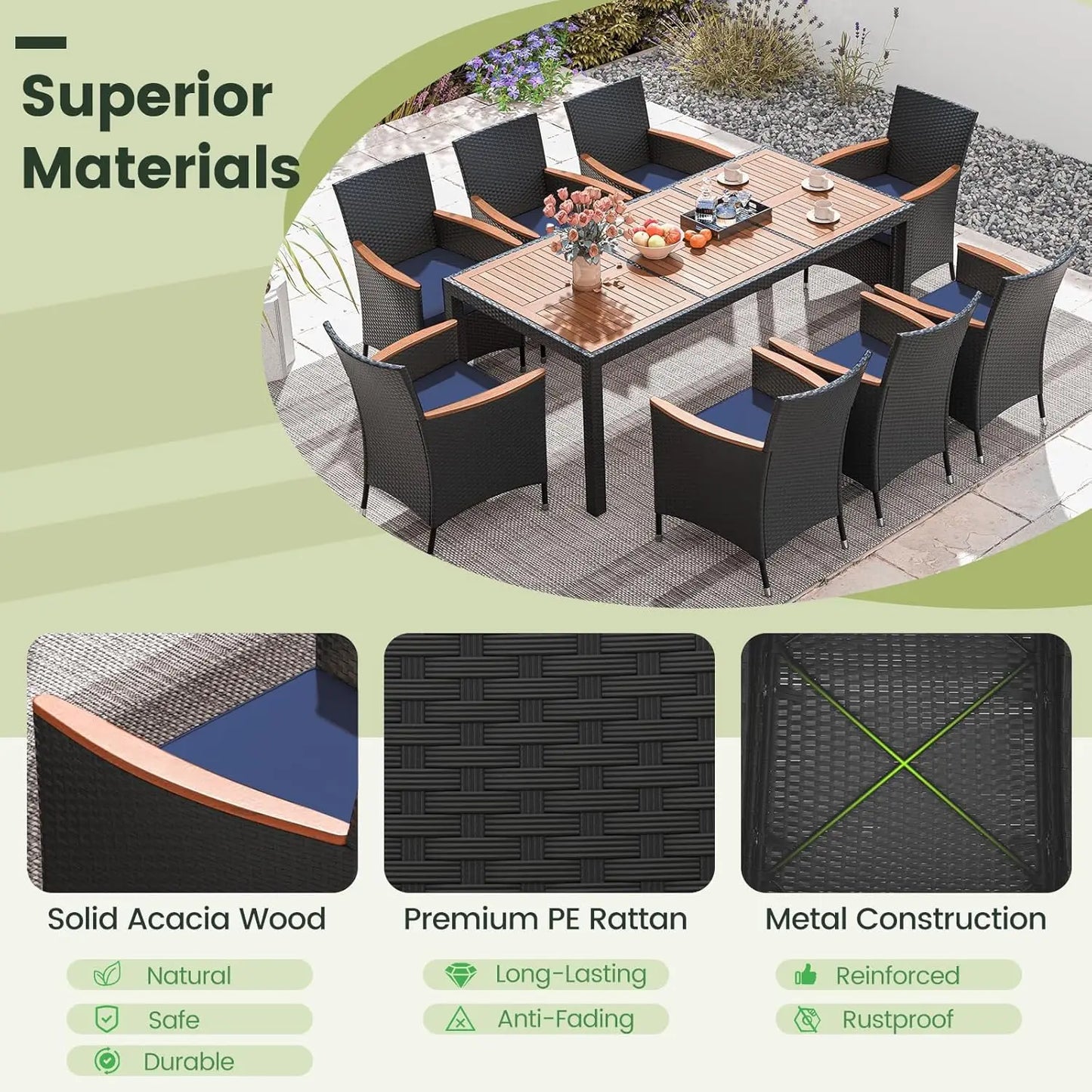 Outdoor Patio Dining Set Rattan Table And Chairs Acacia Wood Umbrella Hole