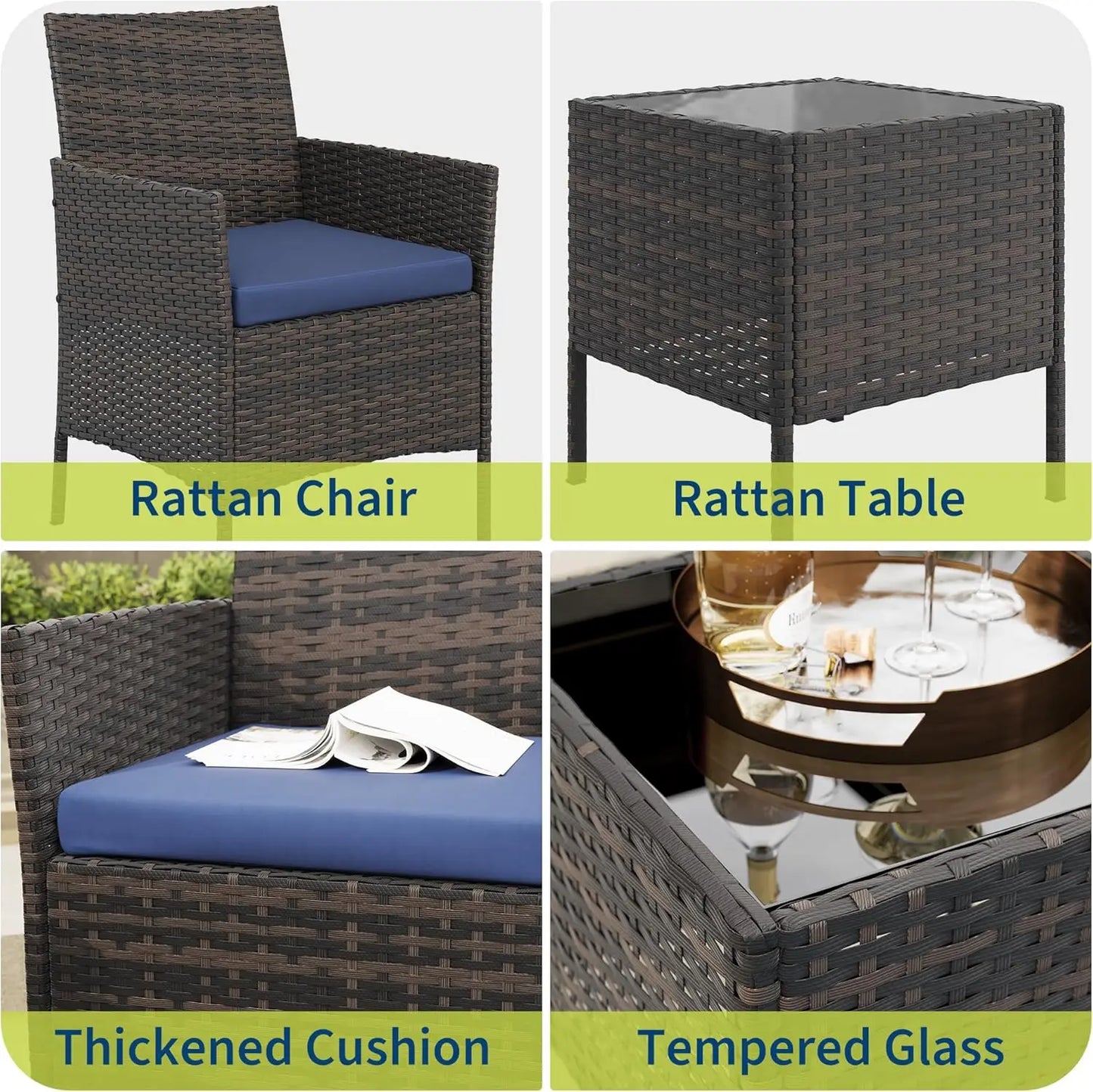 HiMISS Outdoor Patio Furniture Set Rattan Chairs And Glass Table