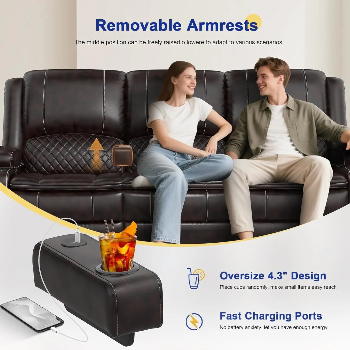 3 Seat Recliner Sofa With Console USB Ports And Cupholders
