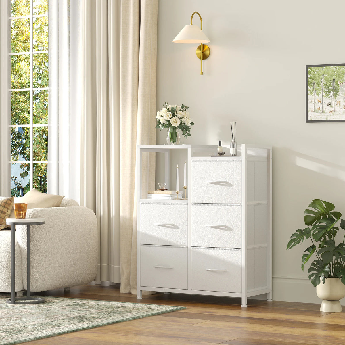 JHK Fabric Drawer Storage Chest With Raised Shelf TV Stand