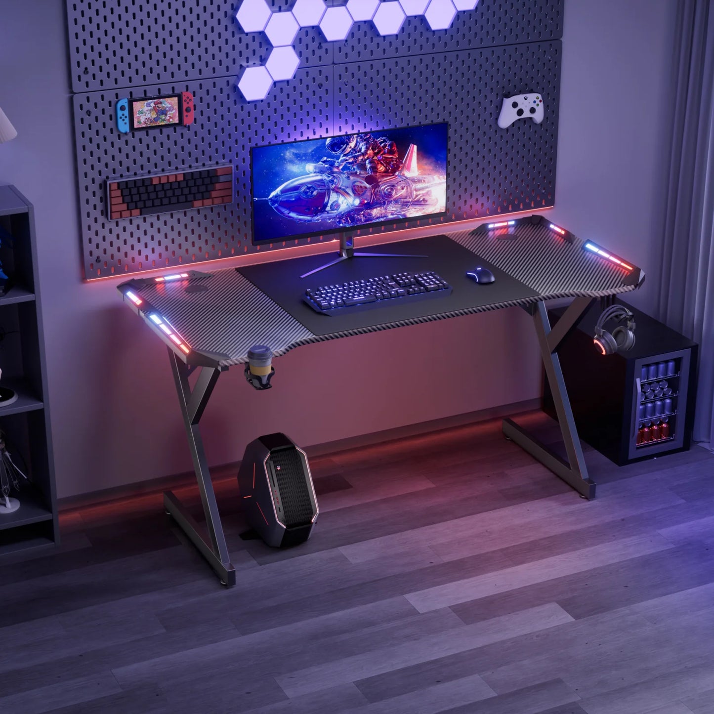 FRODROVIA Y-Shaped Gaming Desk With RGB LED Lights Cup Holder