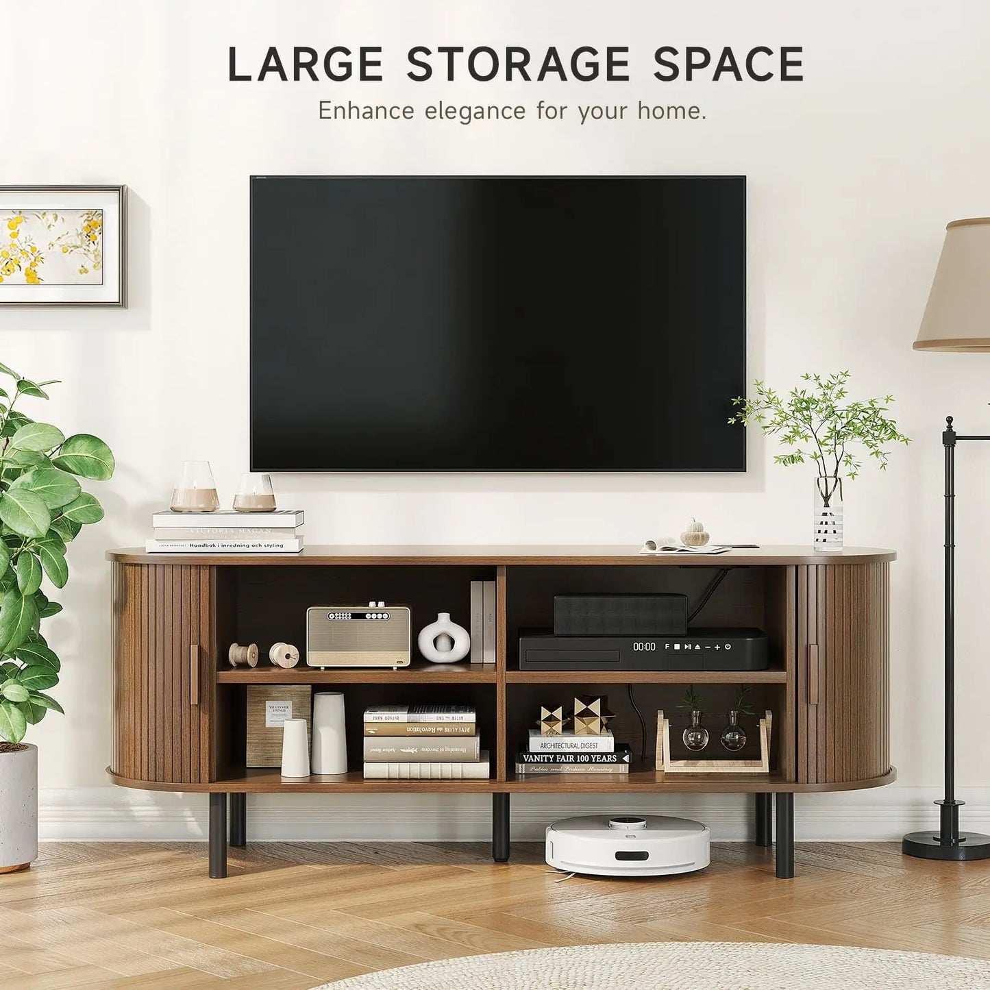 ONBRILL TV Stand With Power Outlet Sliding Doors Storage