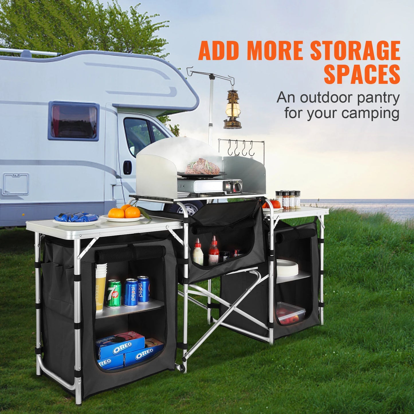 SucceBuy Foldable Camping Outdoor Kitchen Table And Storage Rack
