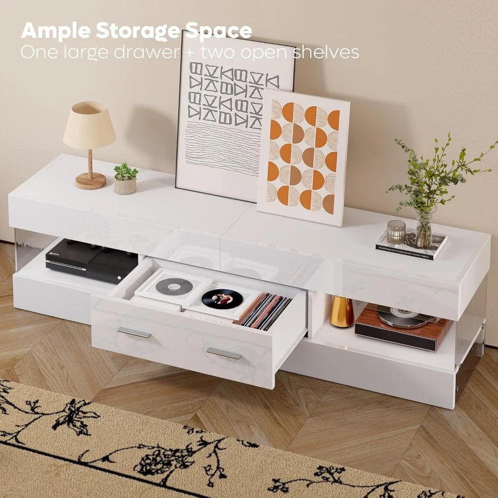 High Gloss Modern TV Stand With Stone Patterned Side Panels