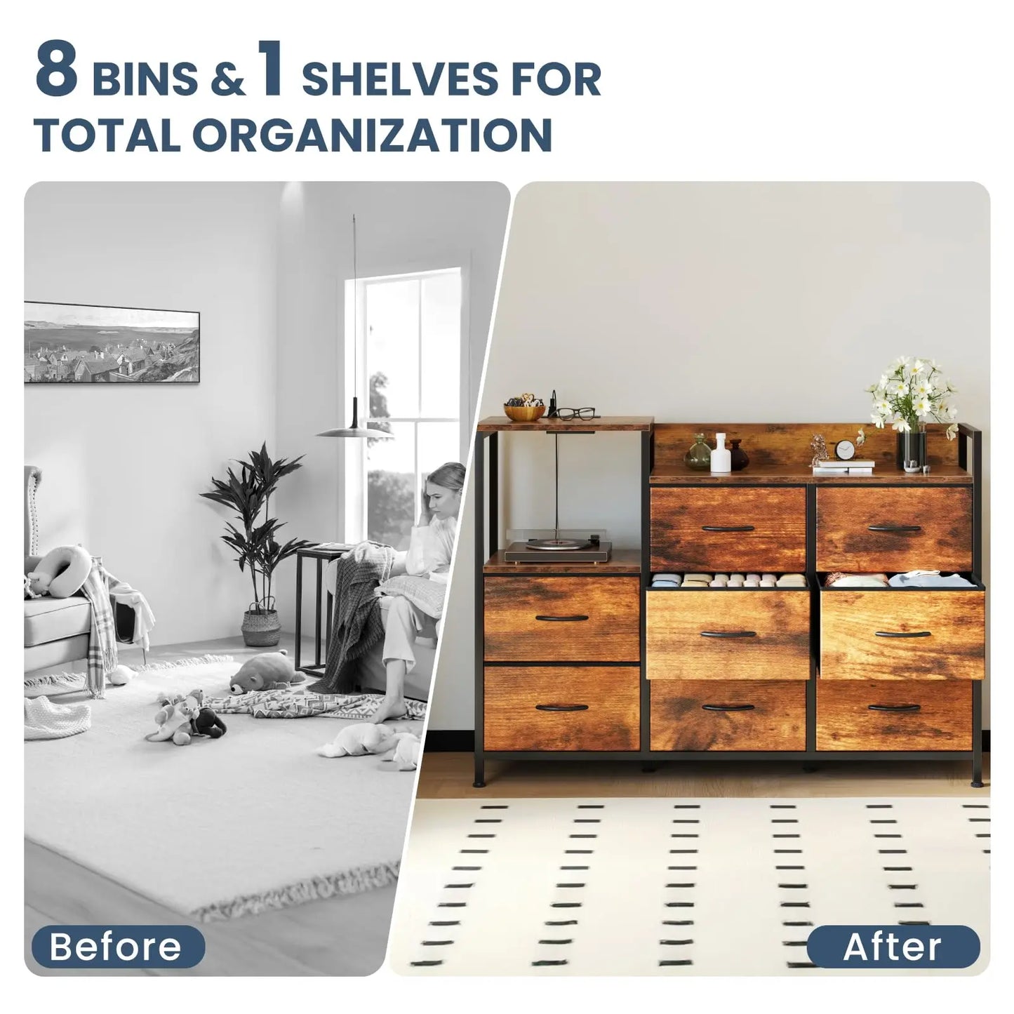 JHK TV Stand Cabinet With Eight Fabric Drawers And Charging