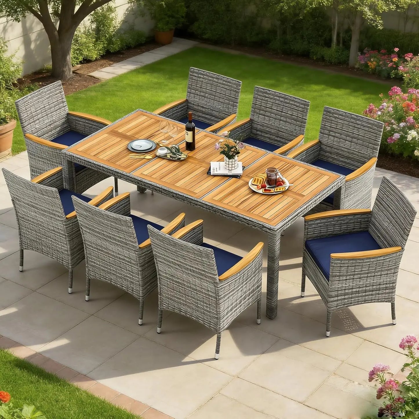 Outdoor Patio Dining Set Rattan Table And Chairs Acacia Wood Umbrella Hole