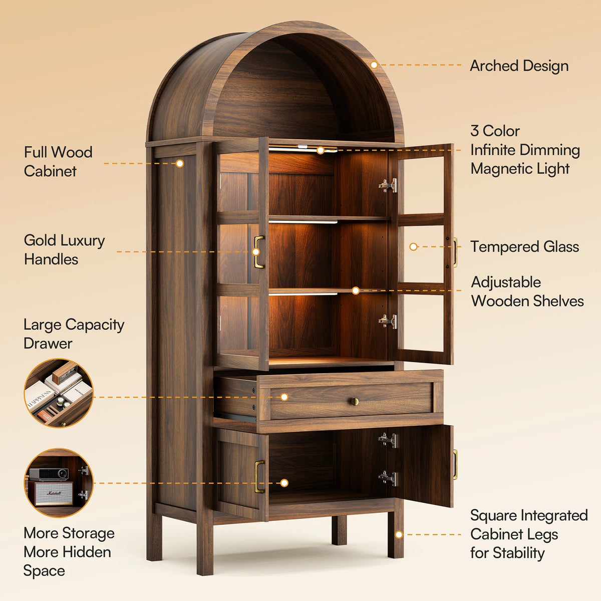Cottinch Arched Wood Storage Cabinet Adjustable Shelves Dimmable LED Lights