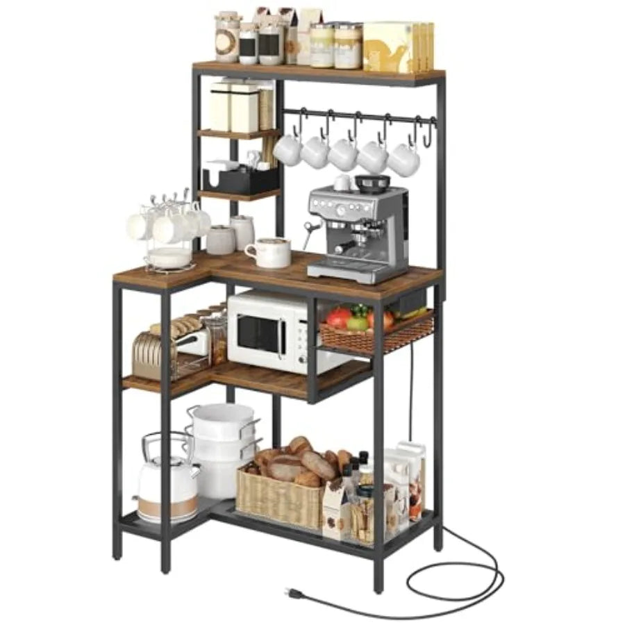 Coffee Bar Bakers Rack With Microwave Stand Power Outlet Wire Basket Hooks