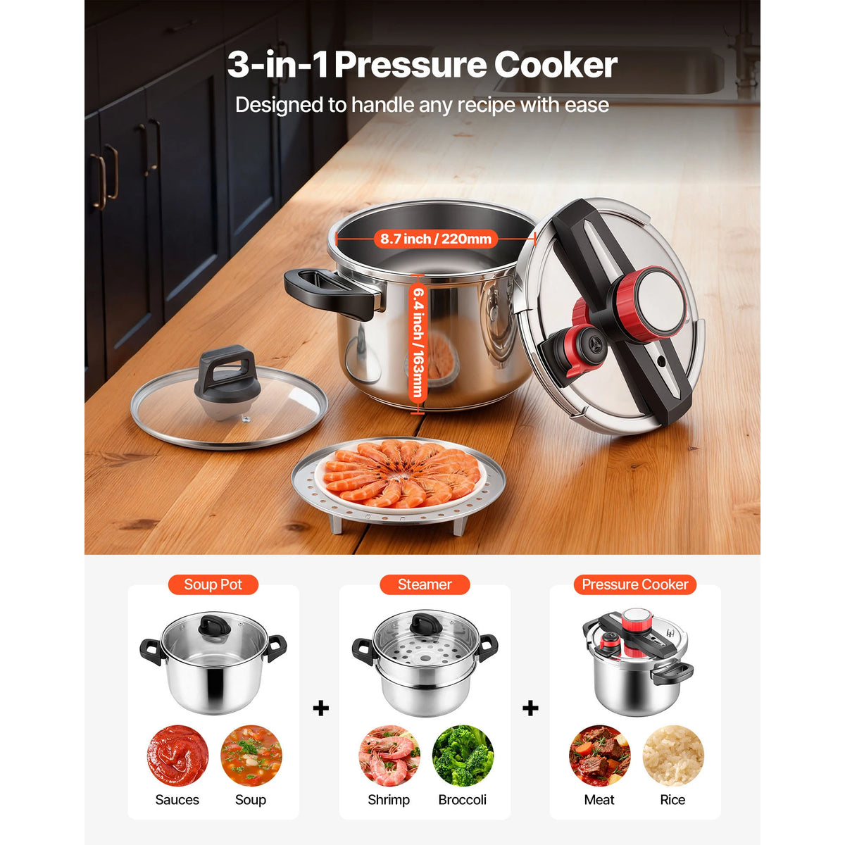 SucceBuy Stainless Steel Pressure Cooker With Steaming Rack And Lid