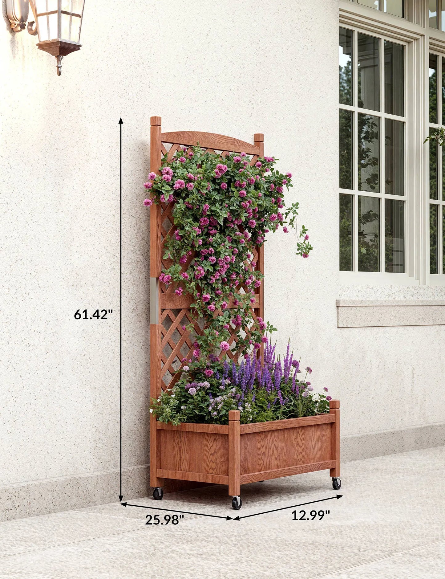 TWISTER.CK Wood Raised Planter Box With Trellis And Wheels
